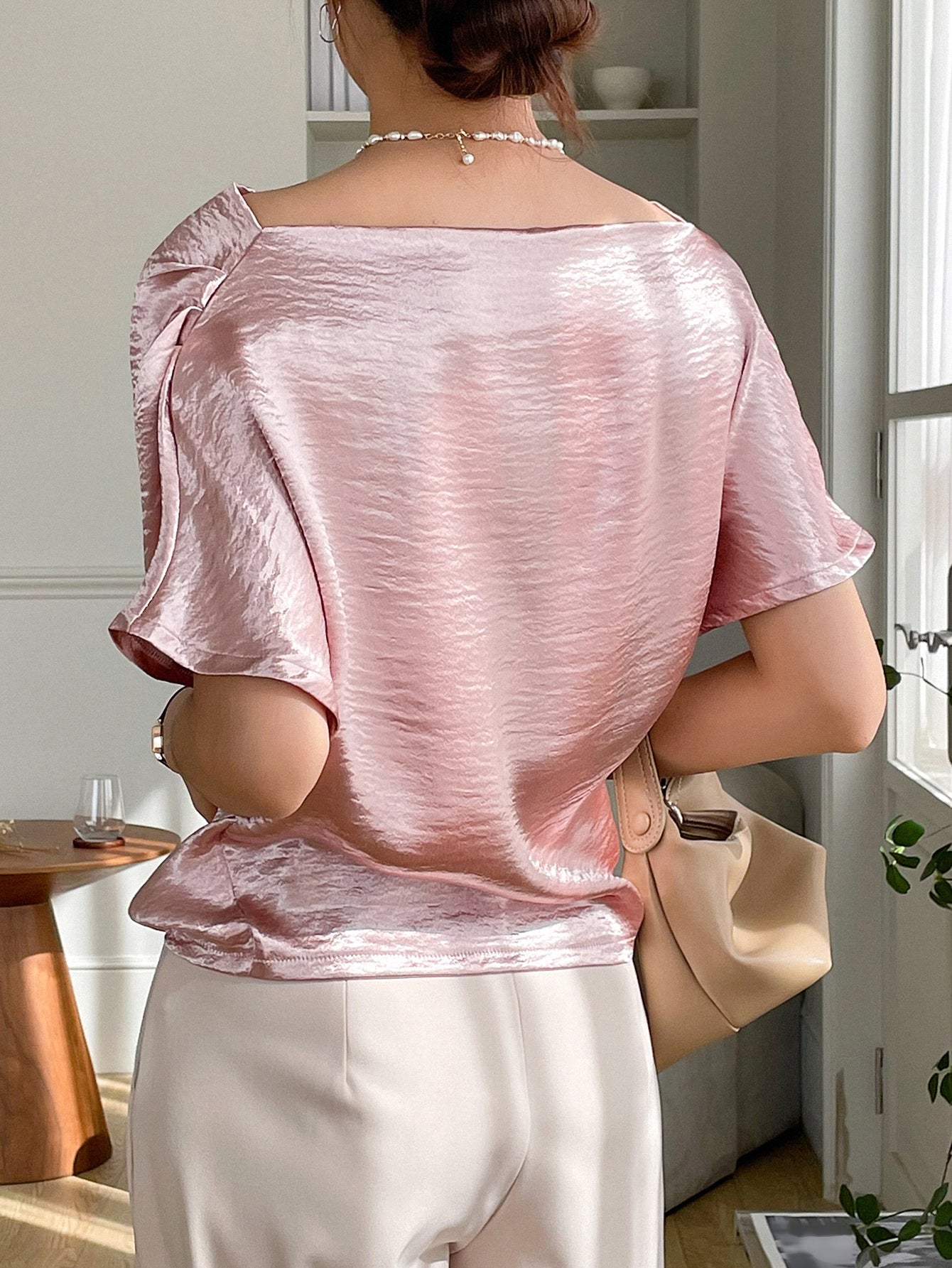Solid Asymmetrical Neck Batwing Sleeve Blouse