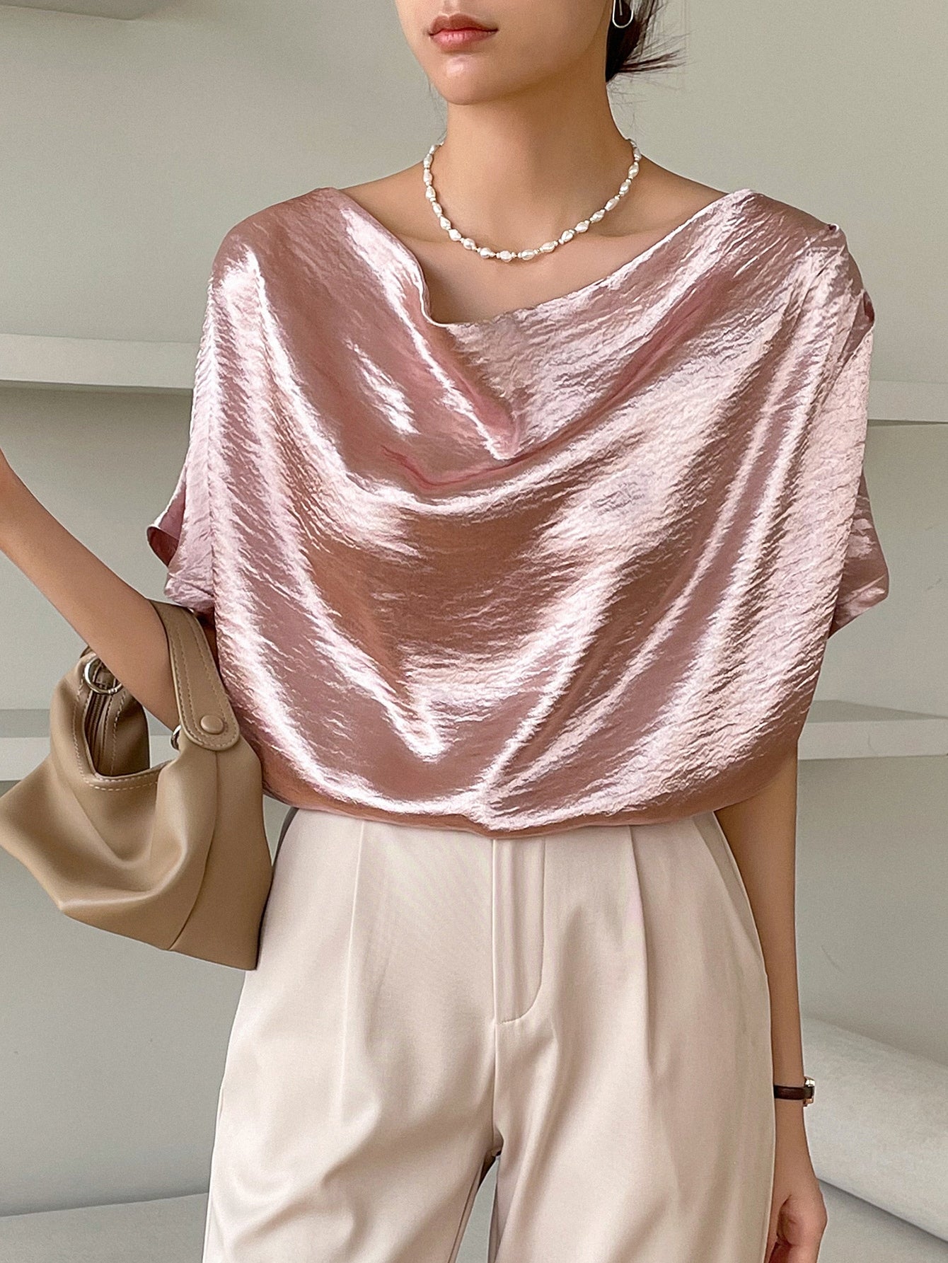 Solid Asymmetrical Neck Batwing Sleeve Blouse