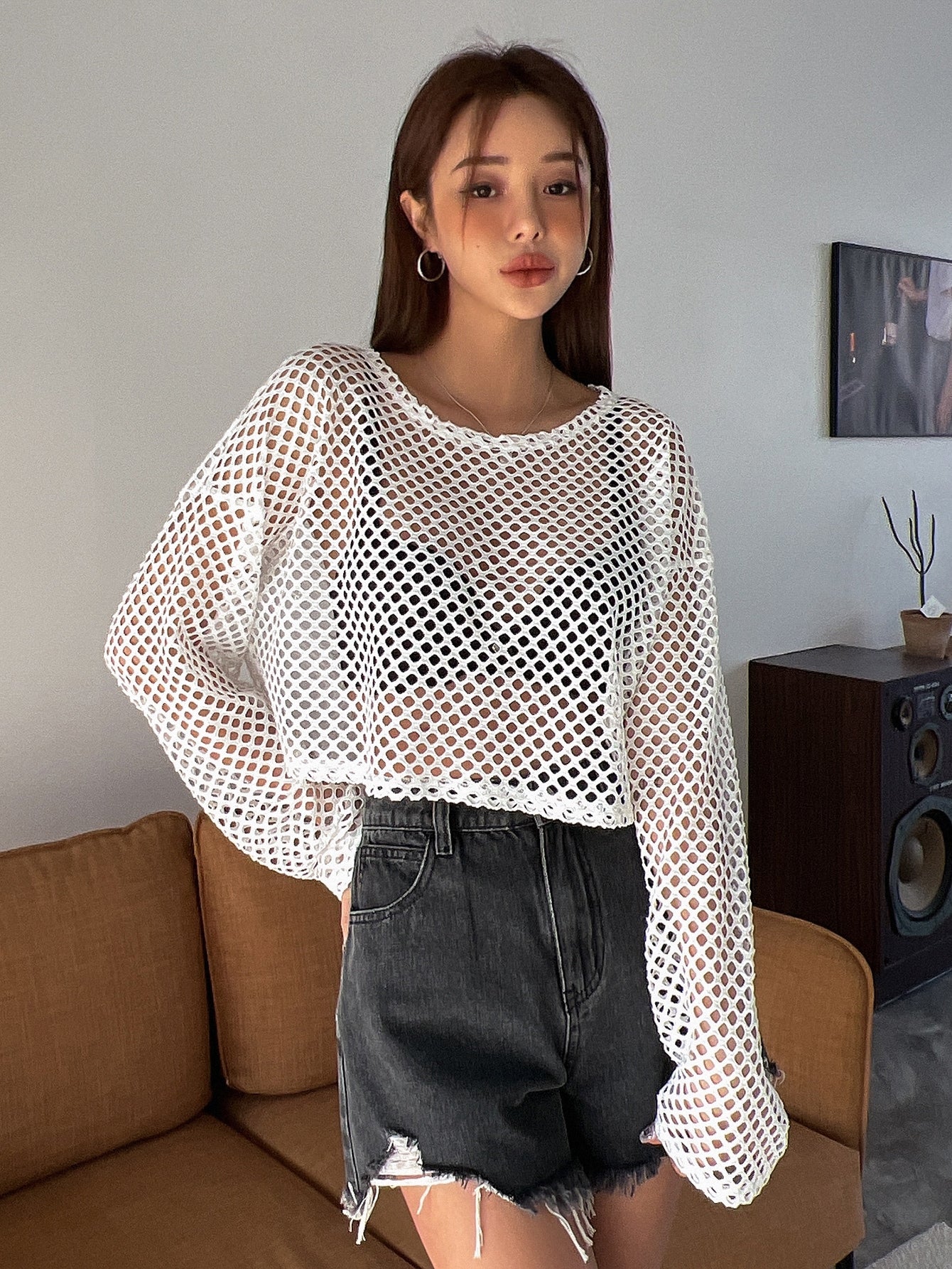 Hollow Out Drop Shoulder Crop Top Without Bra