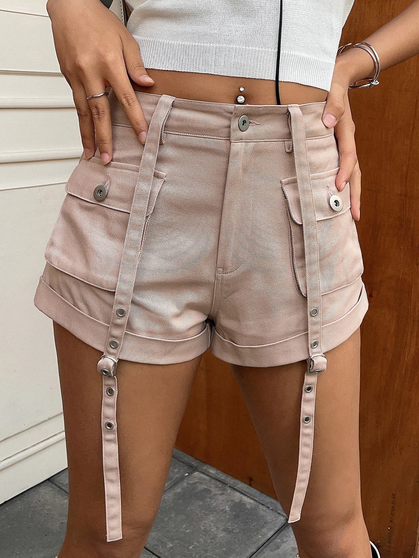 Flap Pocket Buckle Detail Shorts