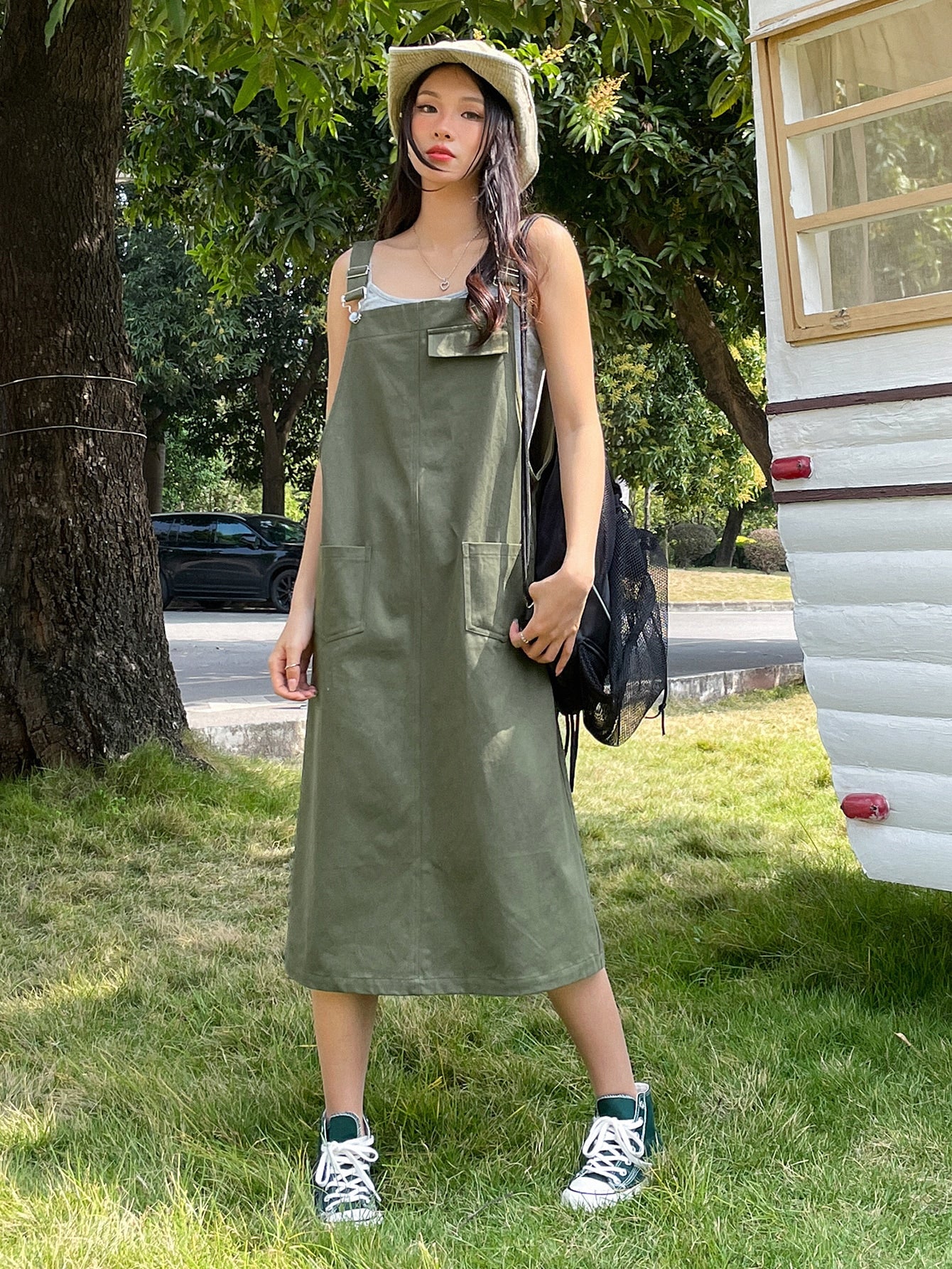 Solid Dual Pocket Overall Dress