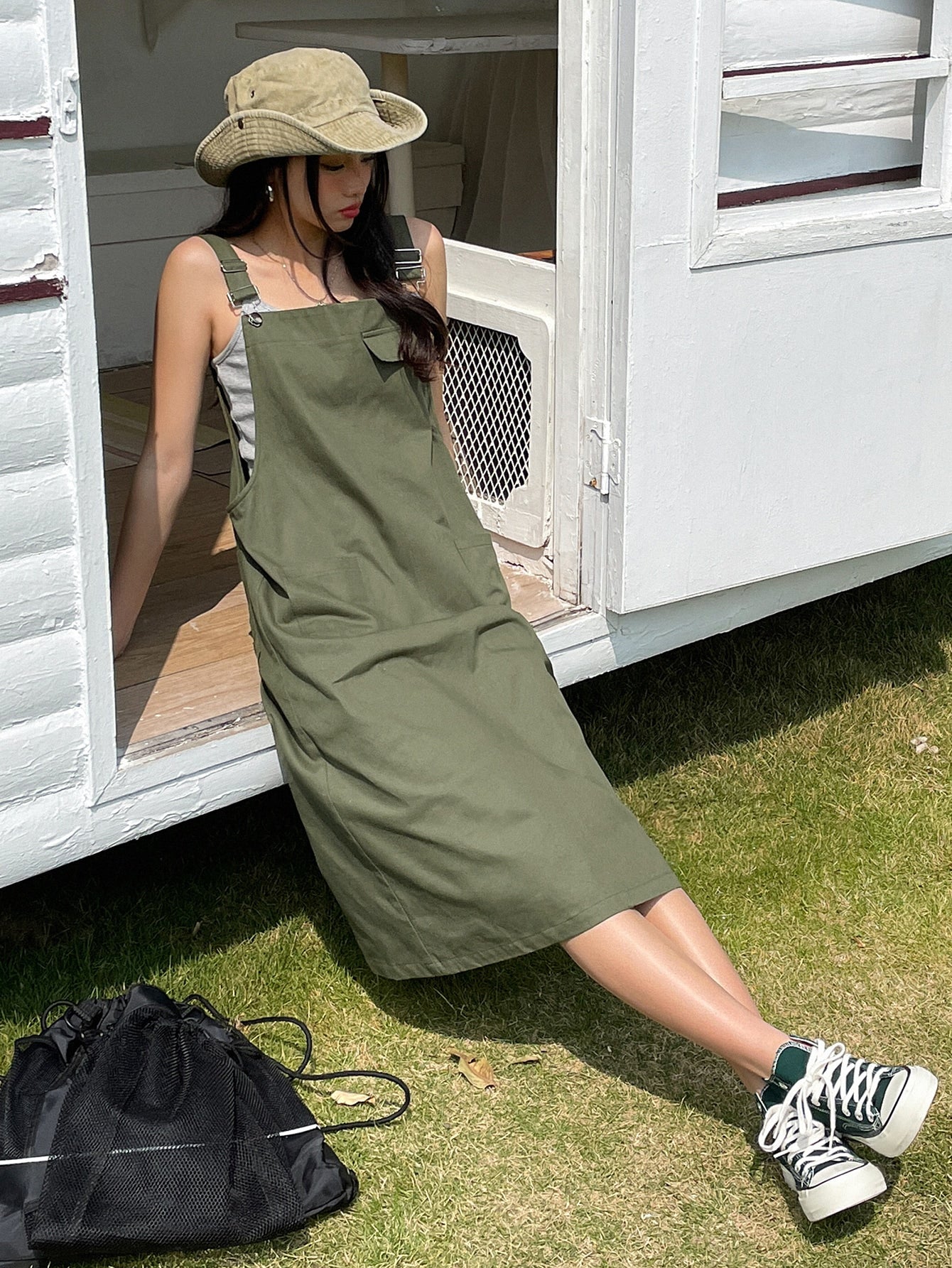 Solid Dual Pocket Overall Dress