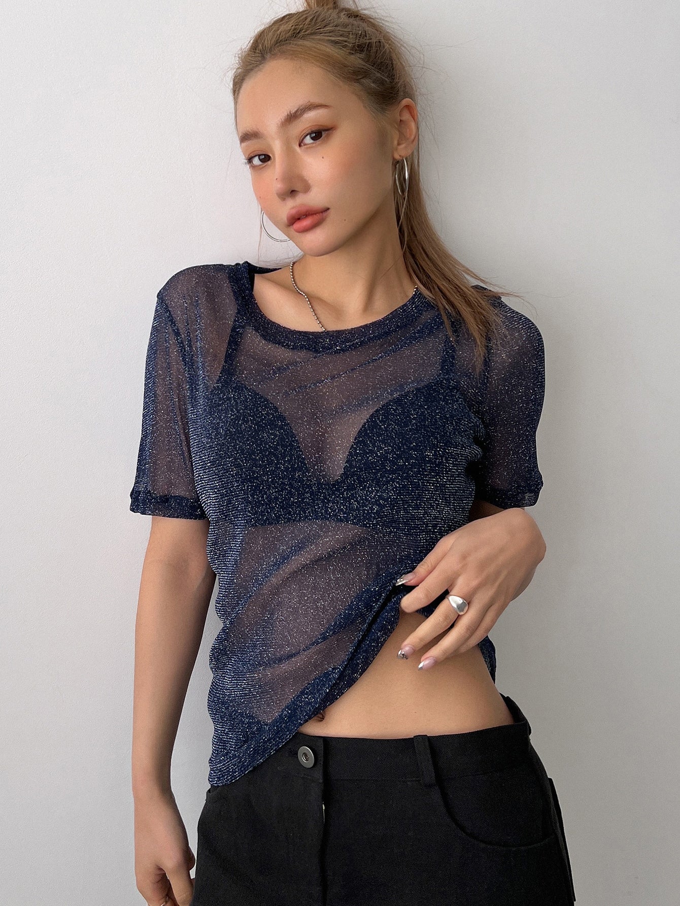 Solid Sheer Mesh Top Without Bra