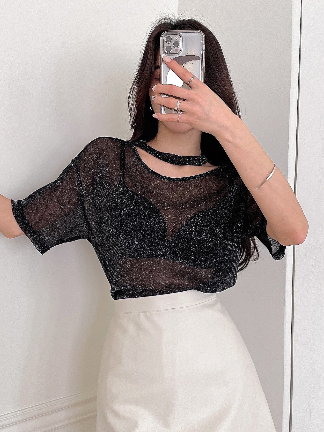 Glitter Cut Out Front Mesh Top Without Bra