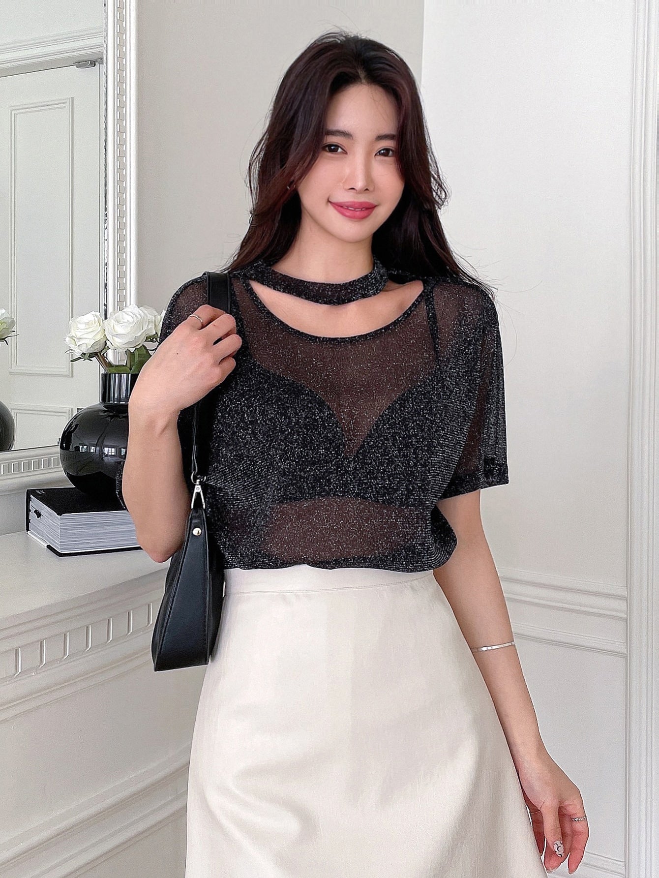 Glitter Cut Out Front Mesh Top Without Bra