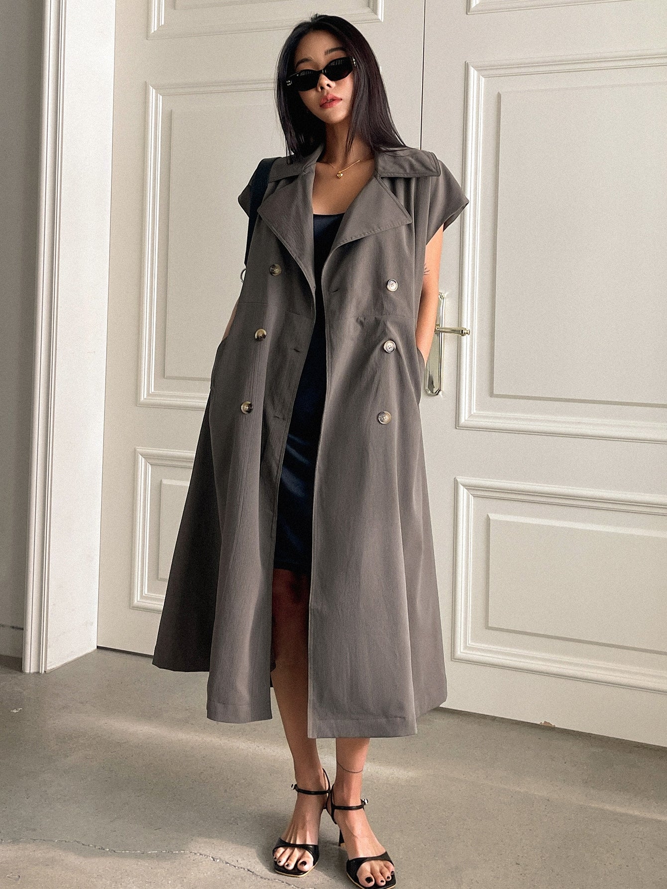 Double Breasted Belted Vest Trench Coat