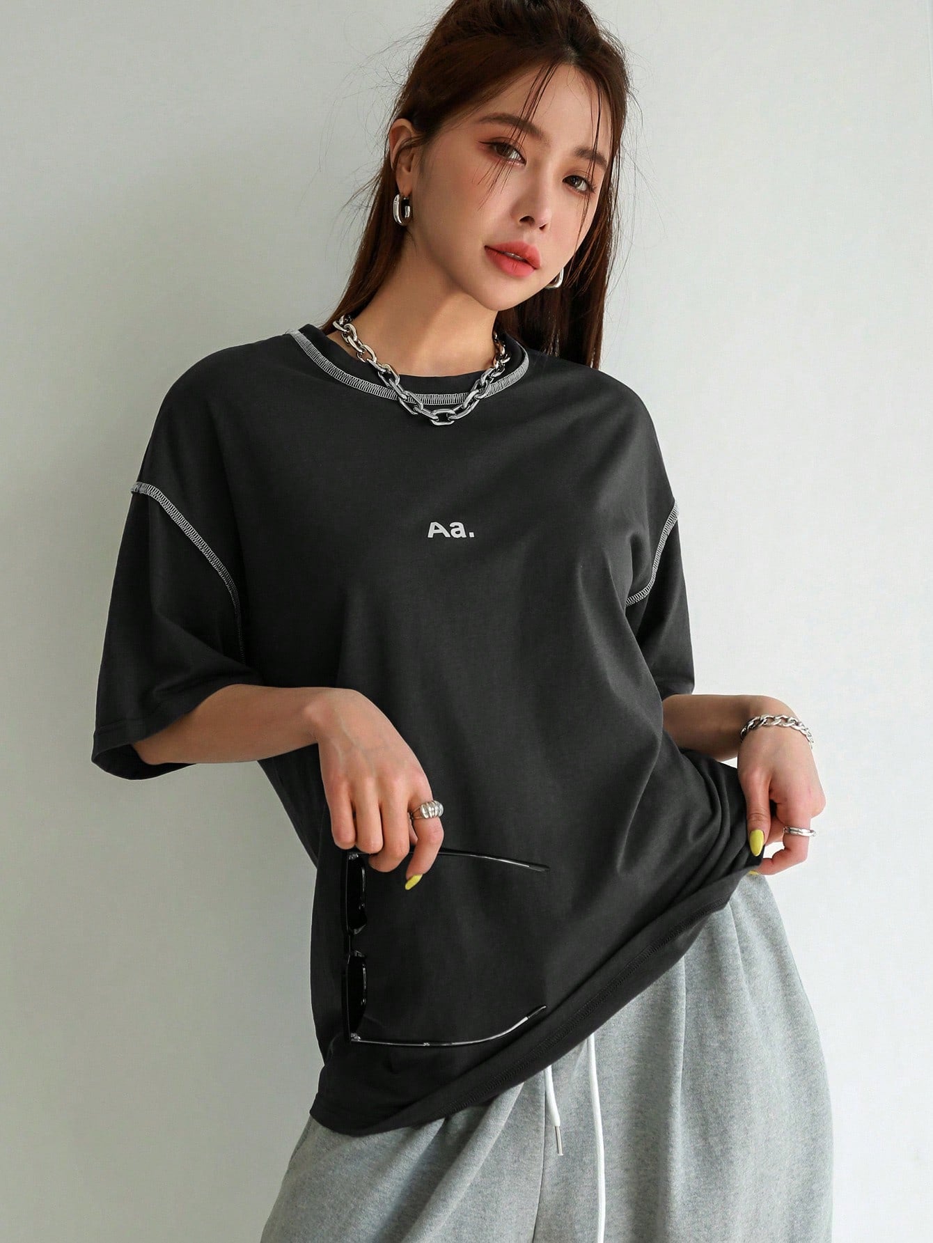 Letter Graphic Top-stitching Drop Shoulder Tee