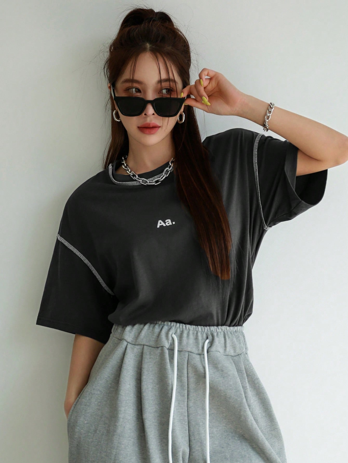 Letter Graphic Top-stitching Drop Shoulder Tee