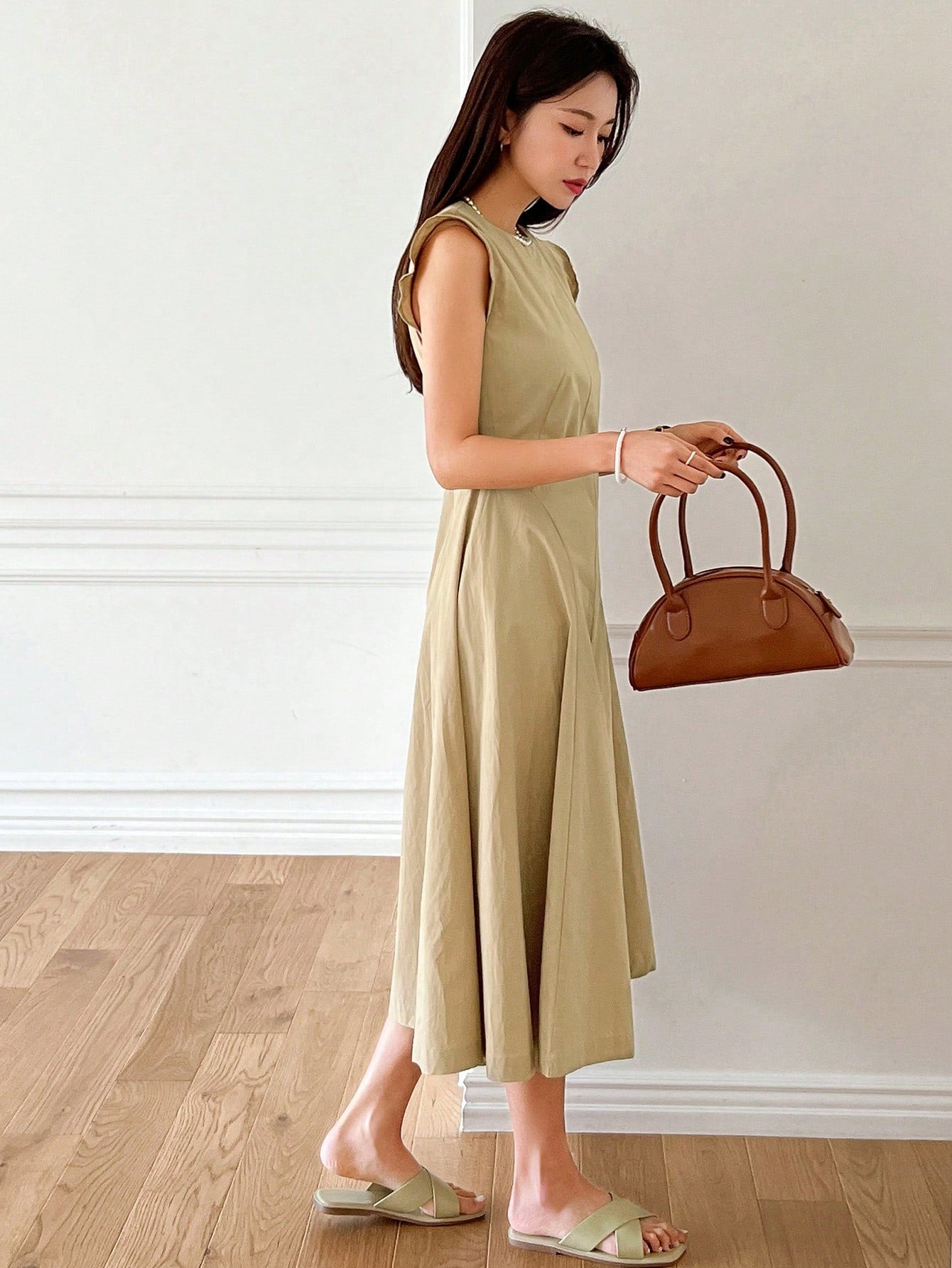 Solid Button Front Sleeveless A-line Dress