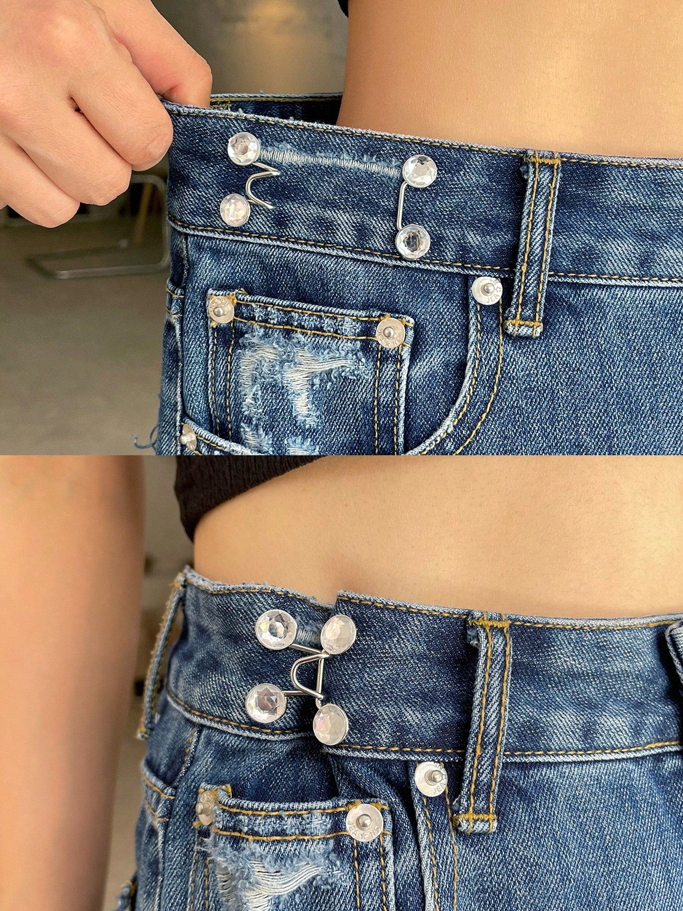 6pcs/set Detachable Iron Alloy Waist Button, Rhinestone Decor Adjustable Jeans Button For Home