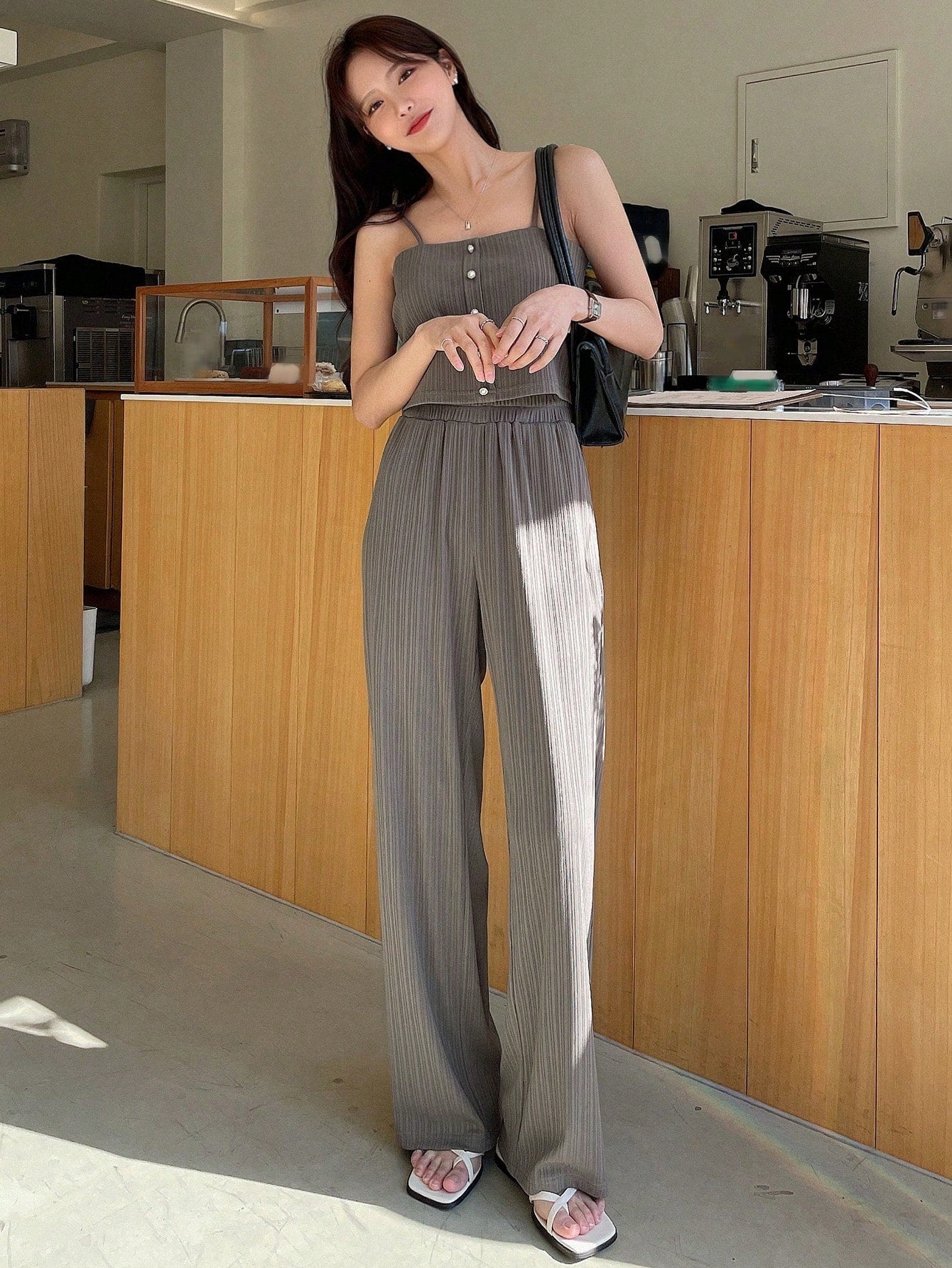 Solid Button Front Cami Top & Wide Leg Pants