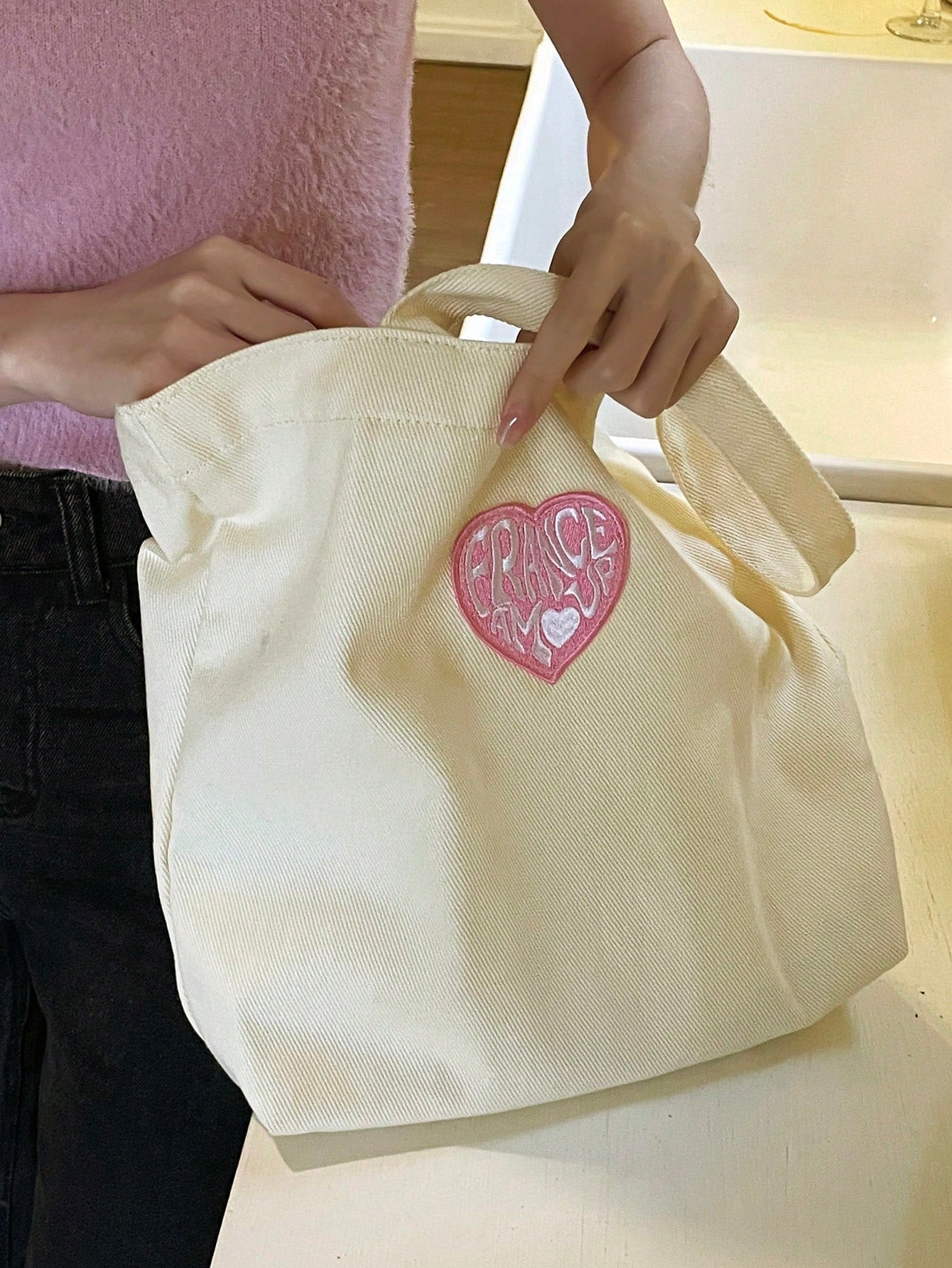 Medium Shopper Bag Double Handle Heart Patch Decor