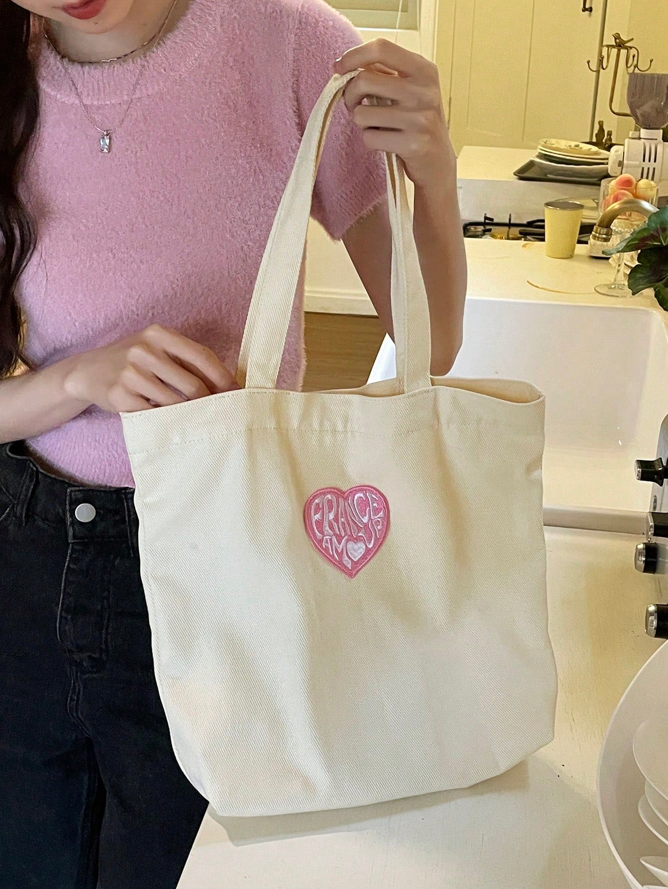 Medium Shopper Bag Double Handle Heart Patch Decor