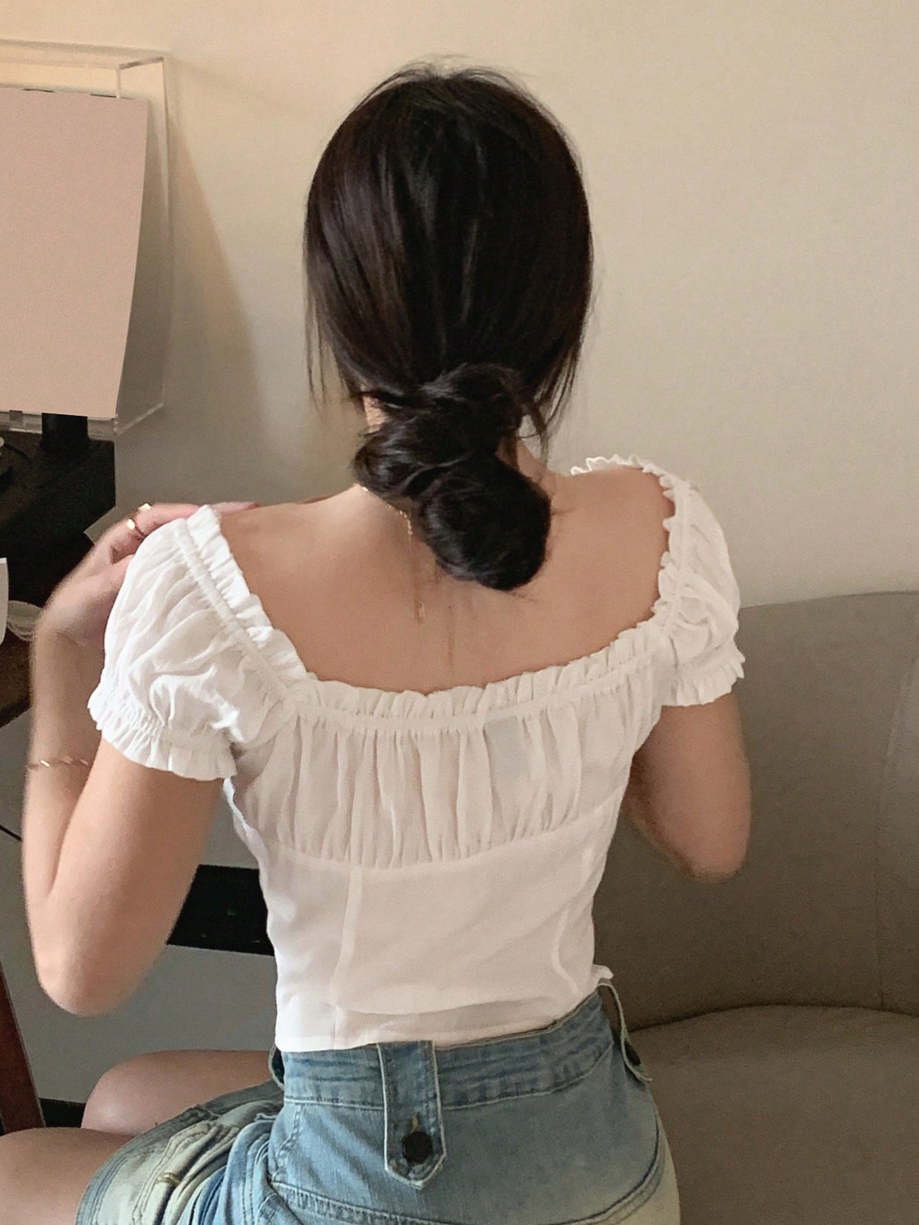 Solid Frill Trim Tie Front Crop Blouse