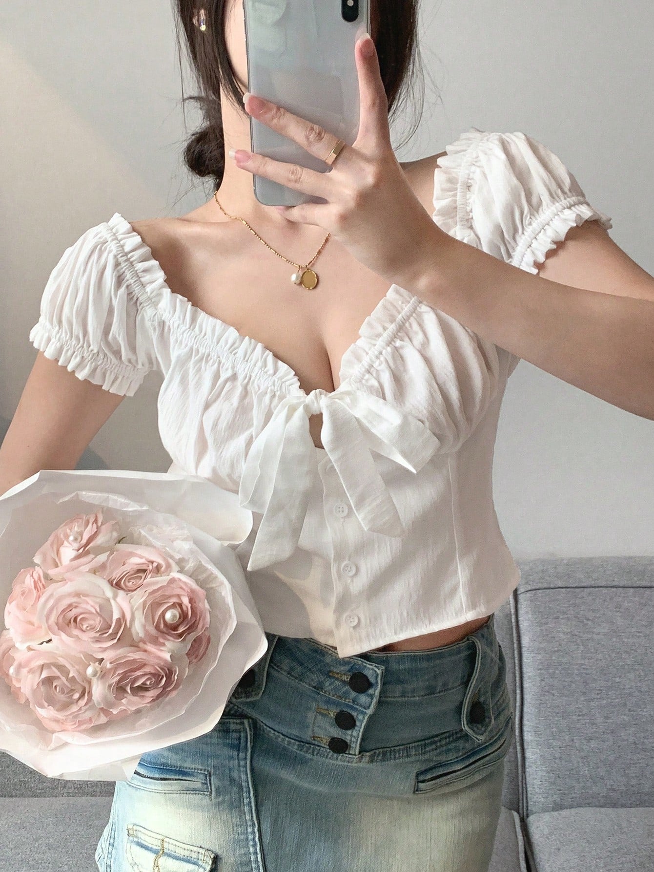 Solid Frill Trim Tie Front Crop Blouse