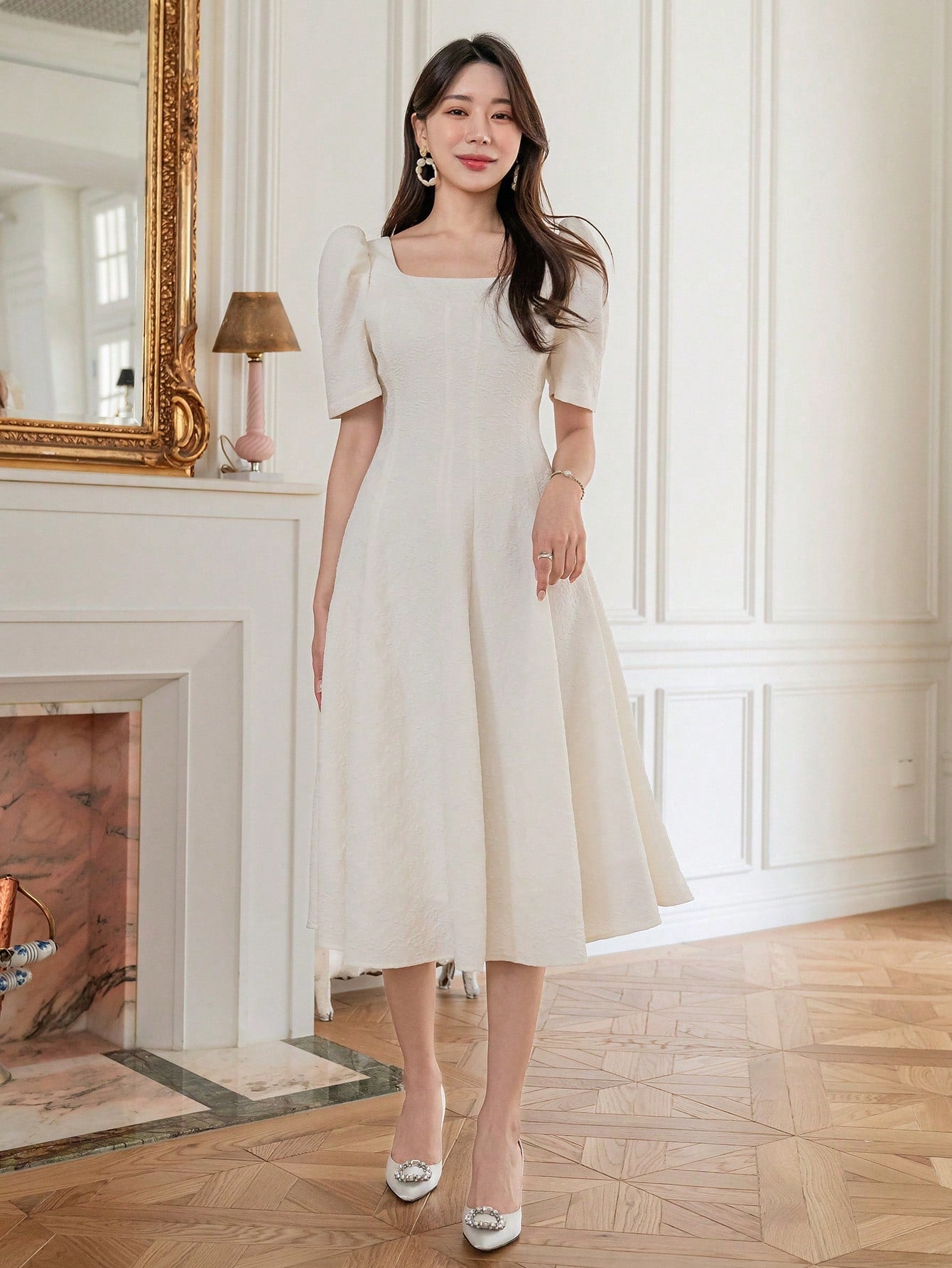 Solid Puff Sleeve A-line Dress