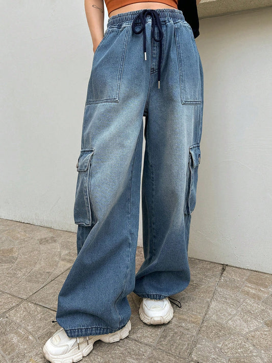 Drawstring Waist Flap Pocket Side Cargo Pants
