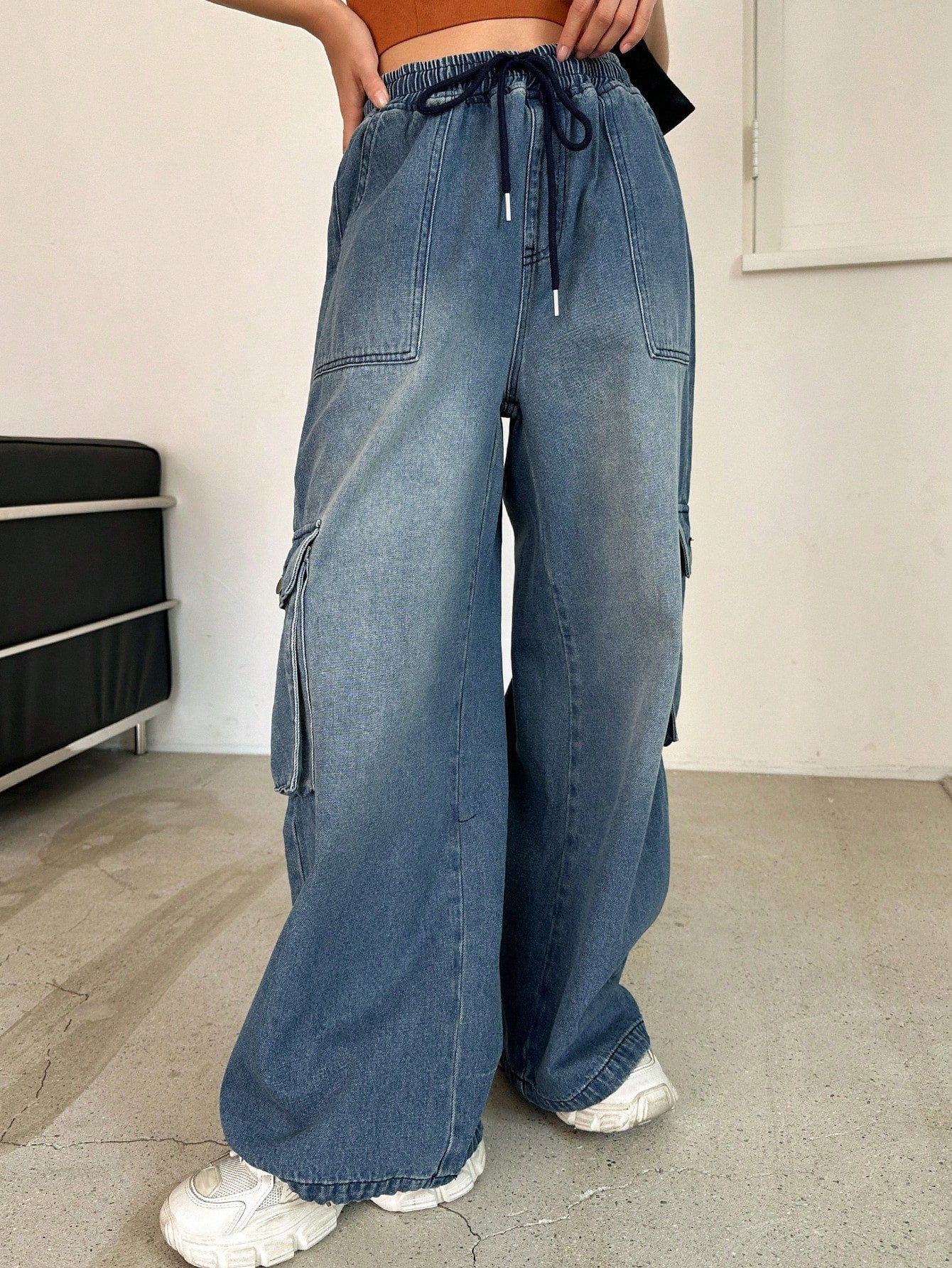 Drawstring Waist Flap Pocket Side Cargo Pants