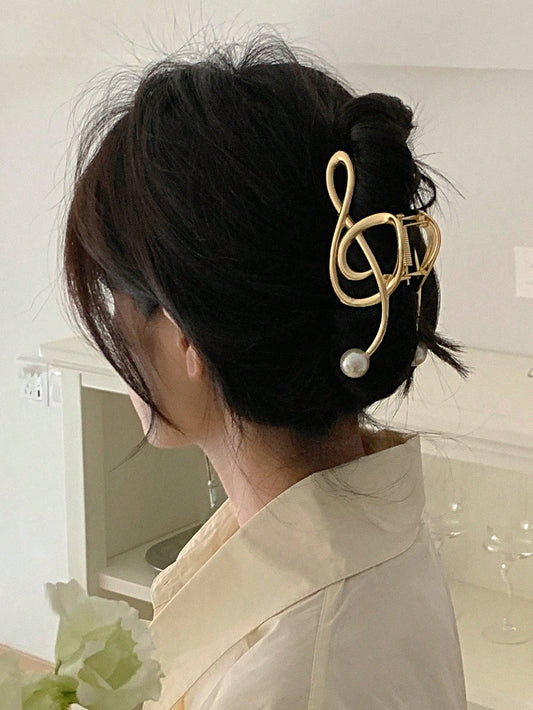 1pc Women Faux Pearl Detail Music Note Design Creative Hair Claw Elegant