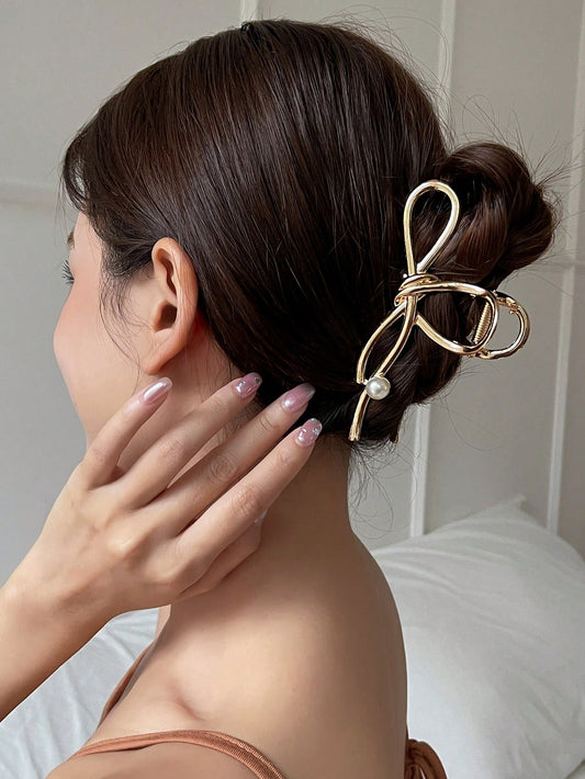 Women Faux Pearl Decor Bow Design Fashionable Hair Claw For Hair Decoration Elegant