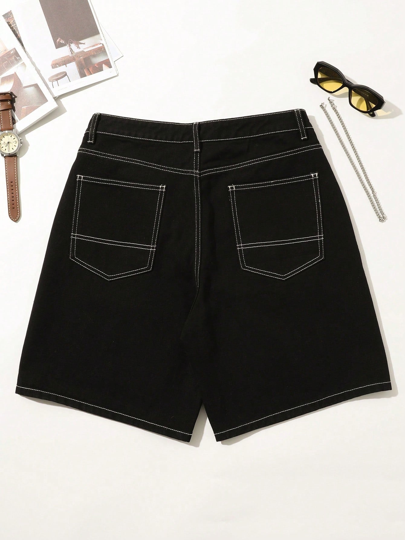 Men Cotton Top-stitching Slant Pocket Denim Shorts