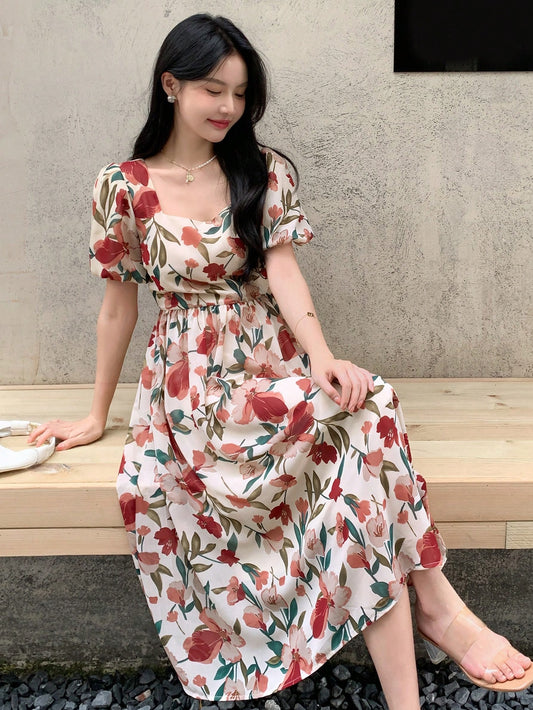 Floral Print Puff Sleeve Dress