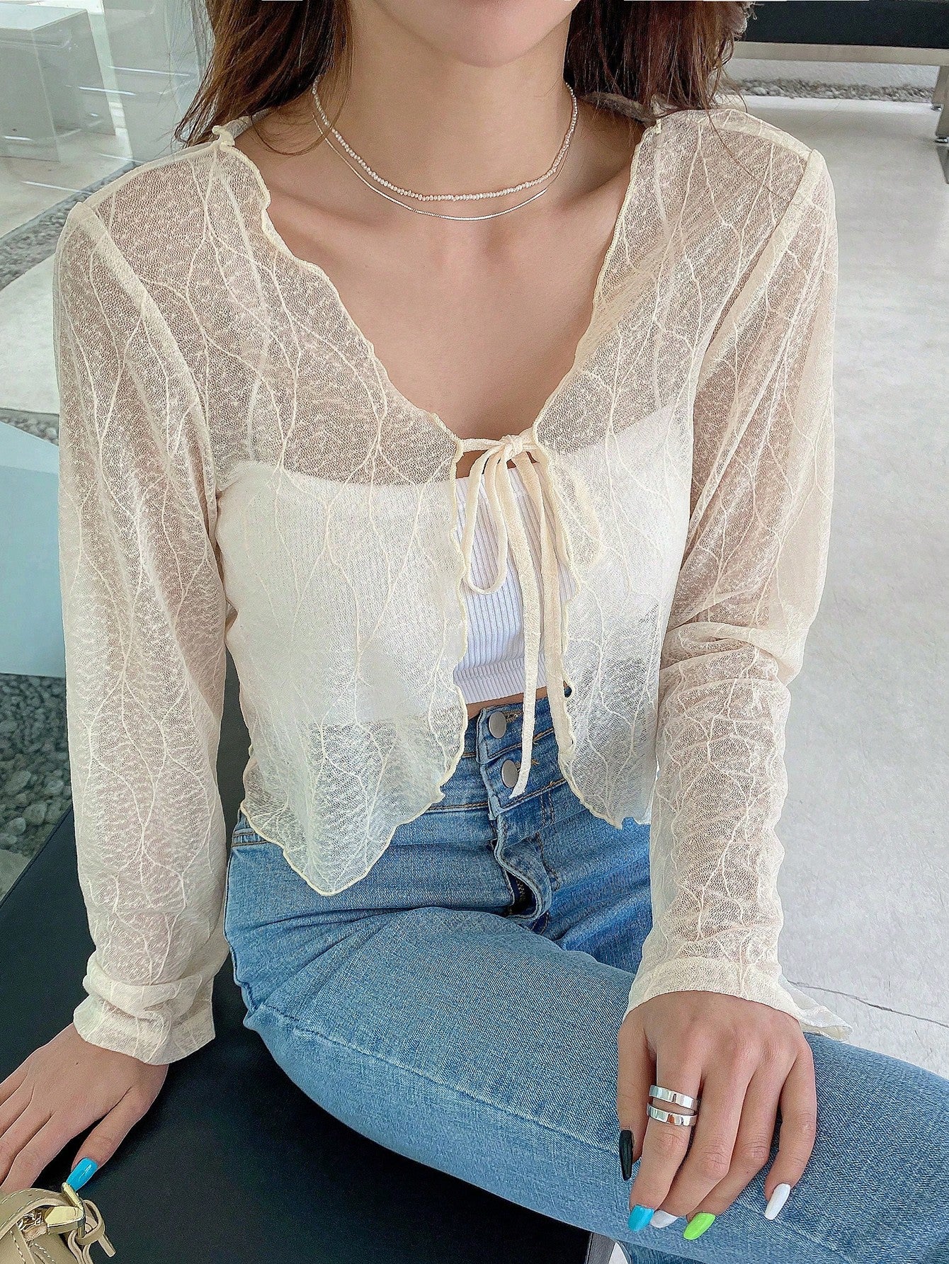 Solid Tie Front Sheer Top Without Camisole