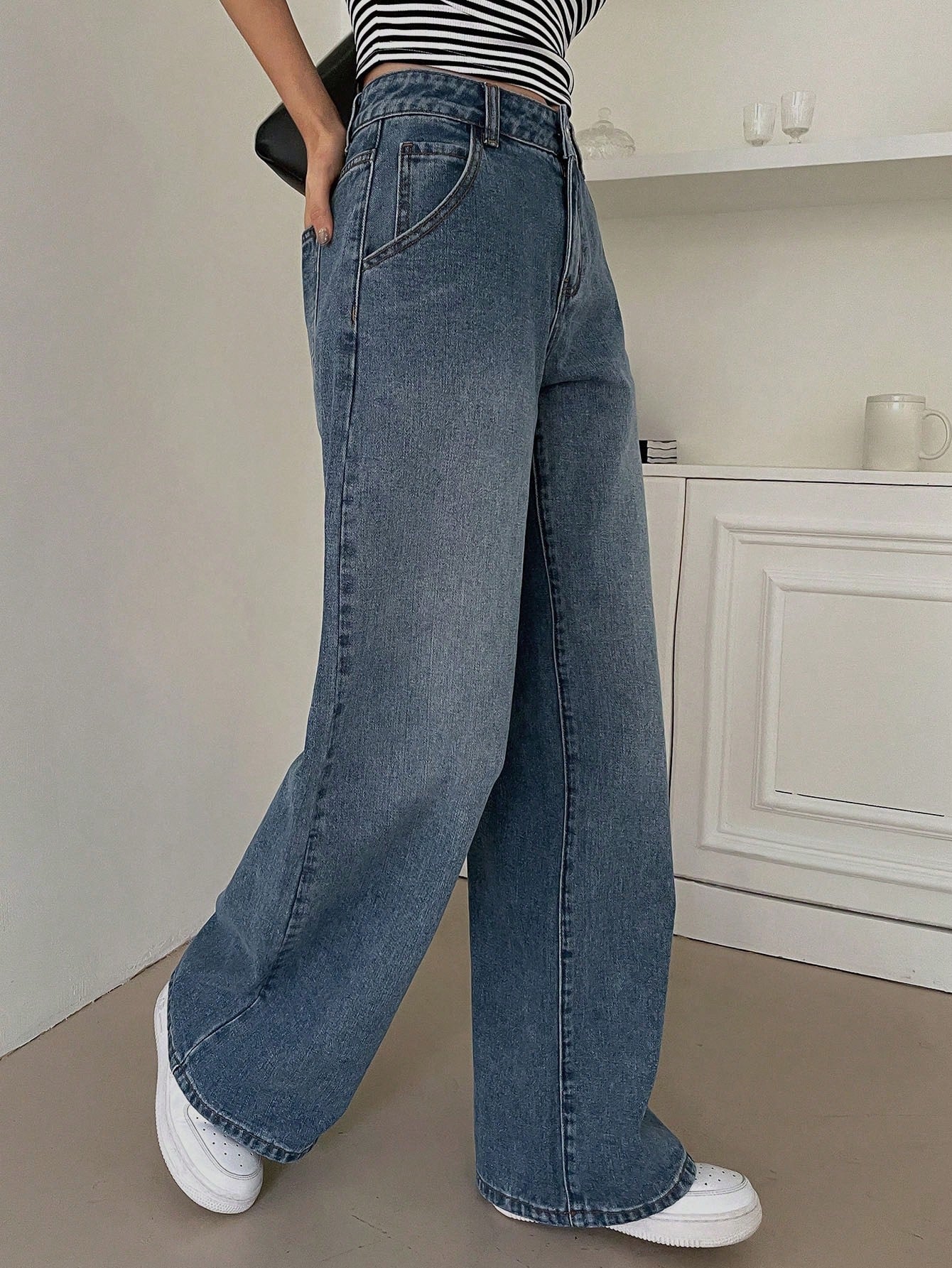 High Waist Slant Pocket Wide Leg Jeans