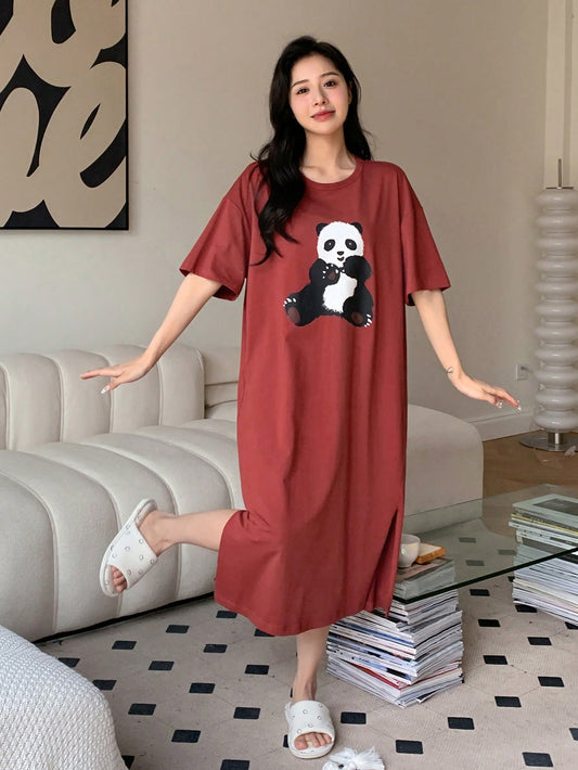 Panda Print Drop Shoulder Split Hem Lounge Dress