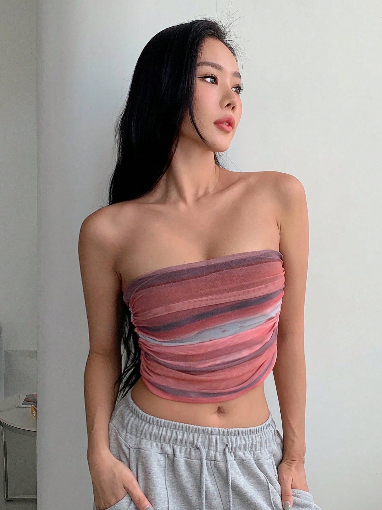 Striped Print Ruched Crop Tube Top
