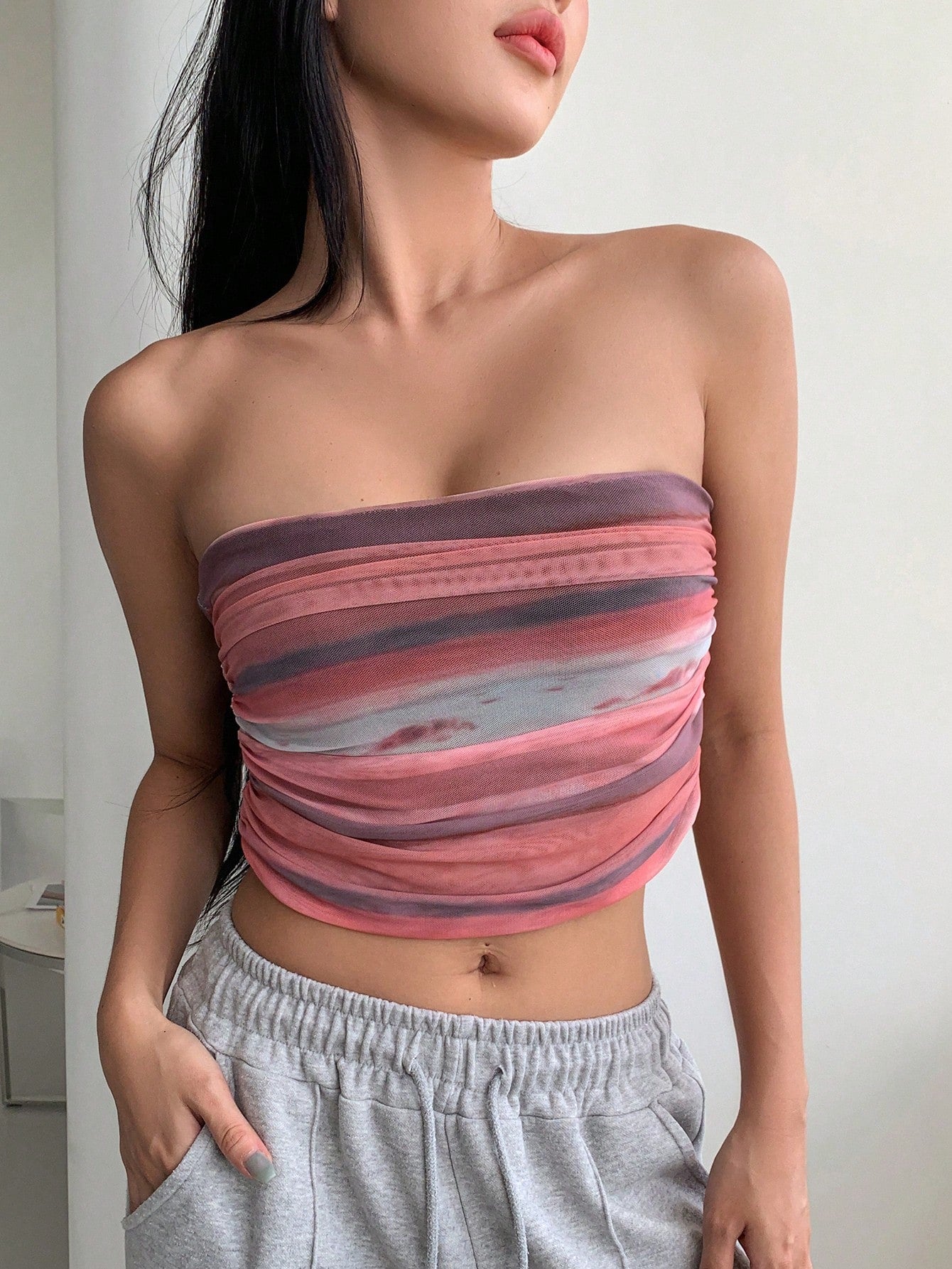 Striped Print Ruched Crop Tube Top