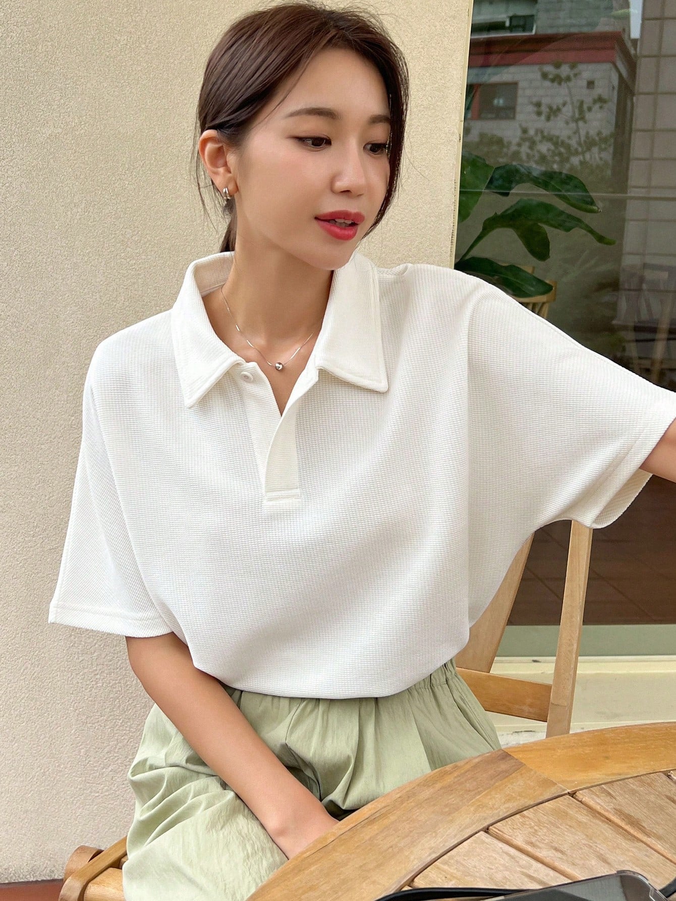Solid Polo Neck Batwing Sleeve Top