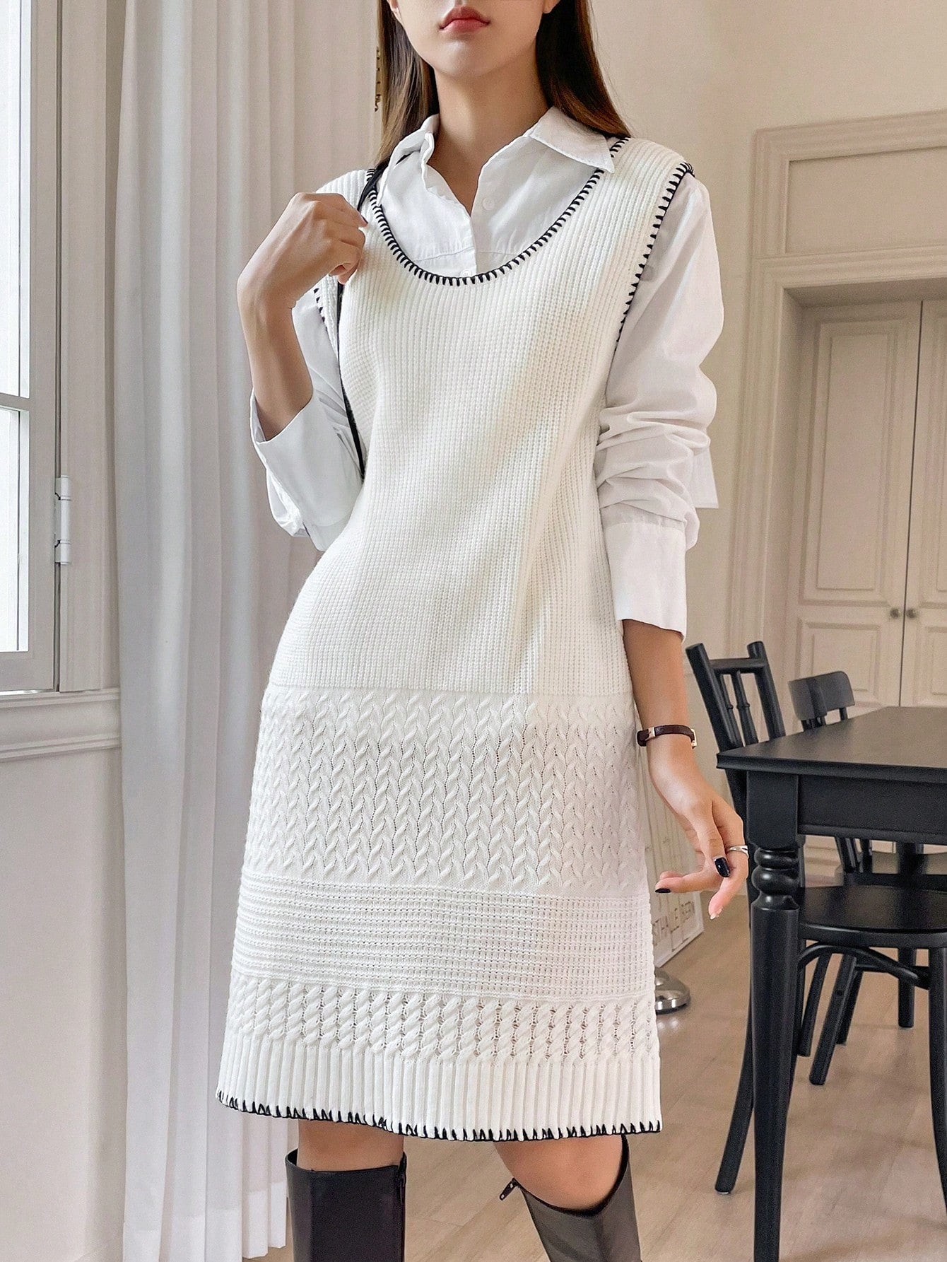 1pc Contrast Trim Sweater Dress