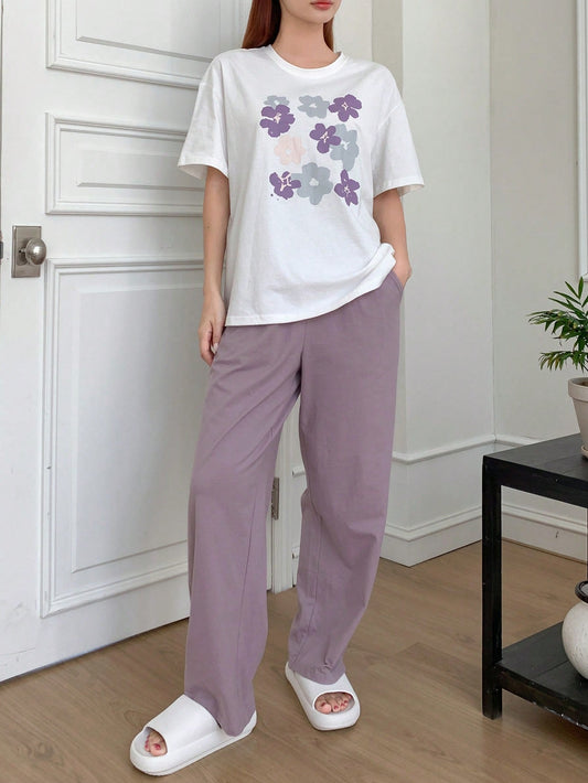 Floral Print Drop Shoulder Tee & Pants Lounge Set