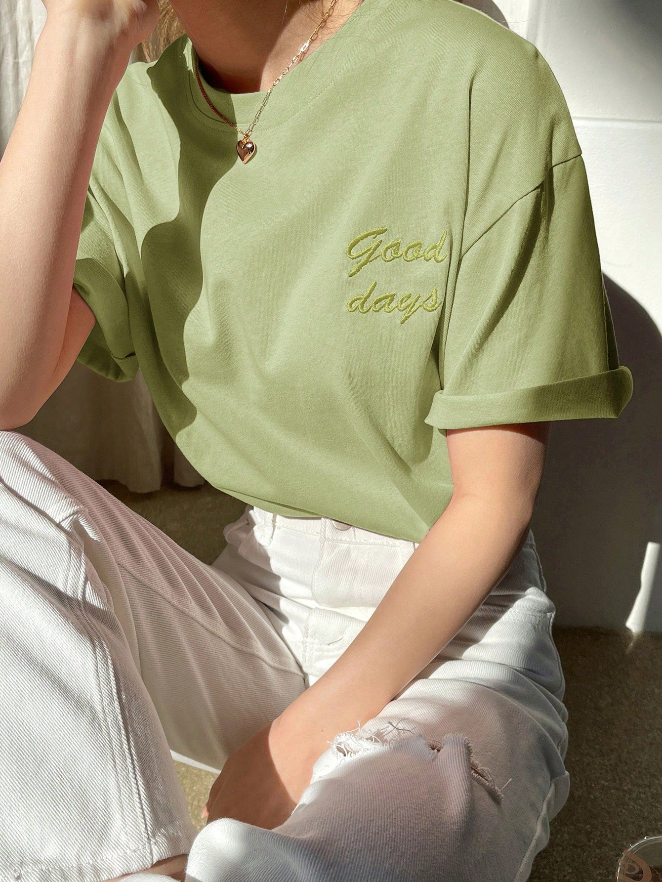 Letter Embroidery Drop Shoulder Tee