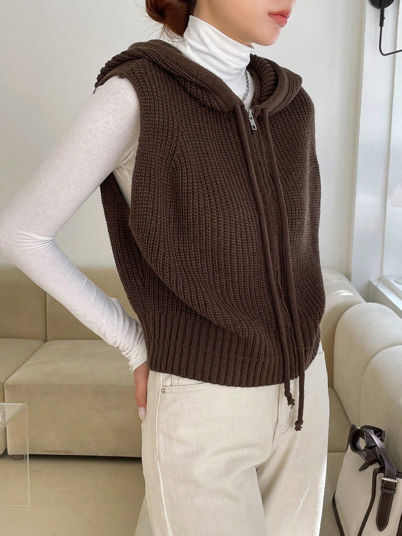 1pc Drawstring Hooded Sweater Vest