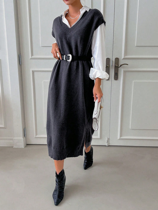 1pc Solid V Neck Sweater Dress Without Belt & Blouse
