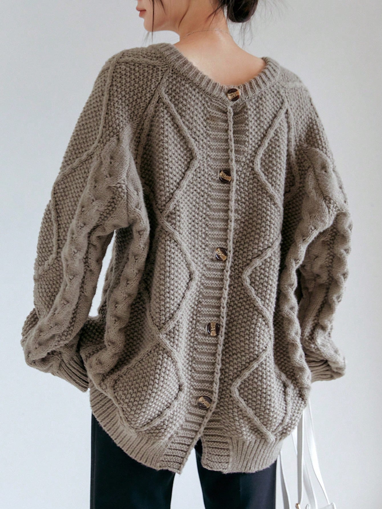 Button Back Cable Knit Raglan Sleeve Sweater