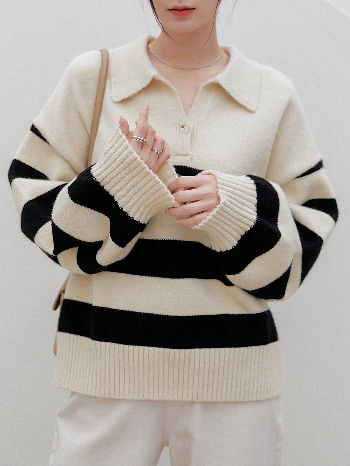 Color Block Polo Neck Drop Shoulder Sweater