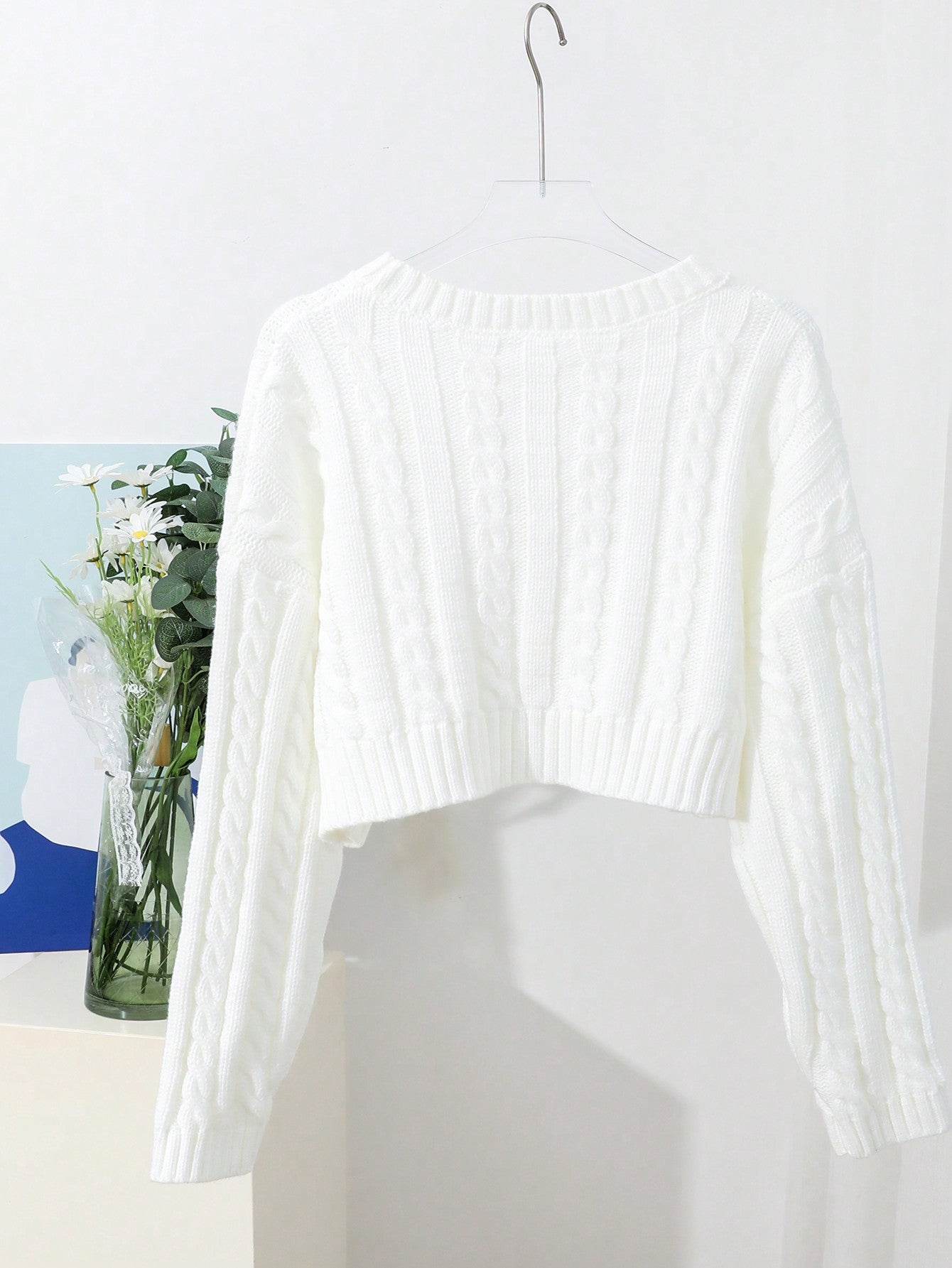 Cable Knit Drop Shoulder Crop Sweater