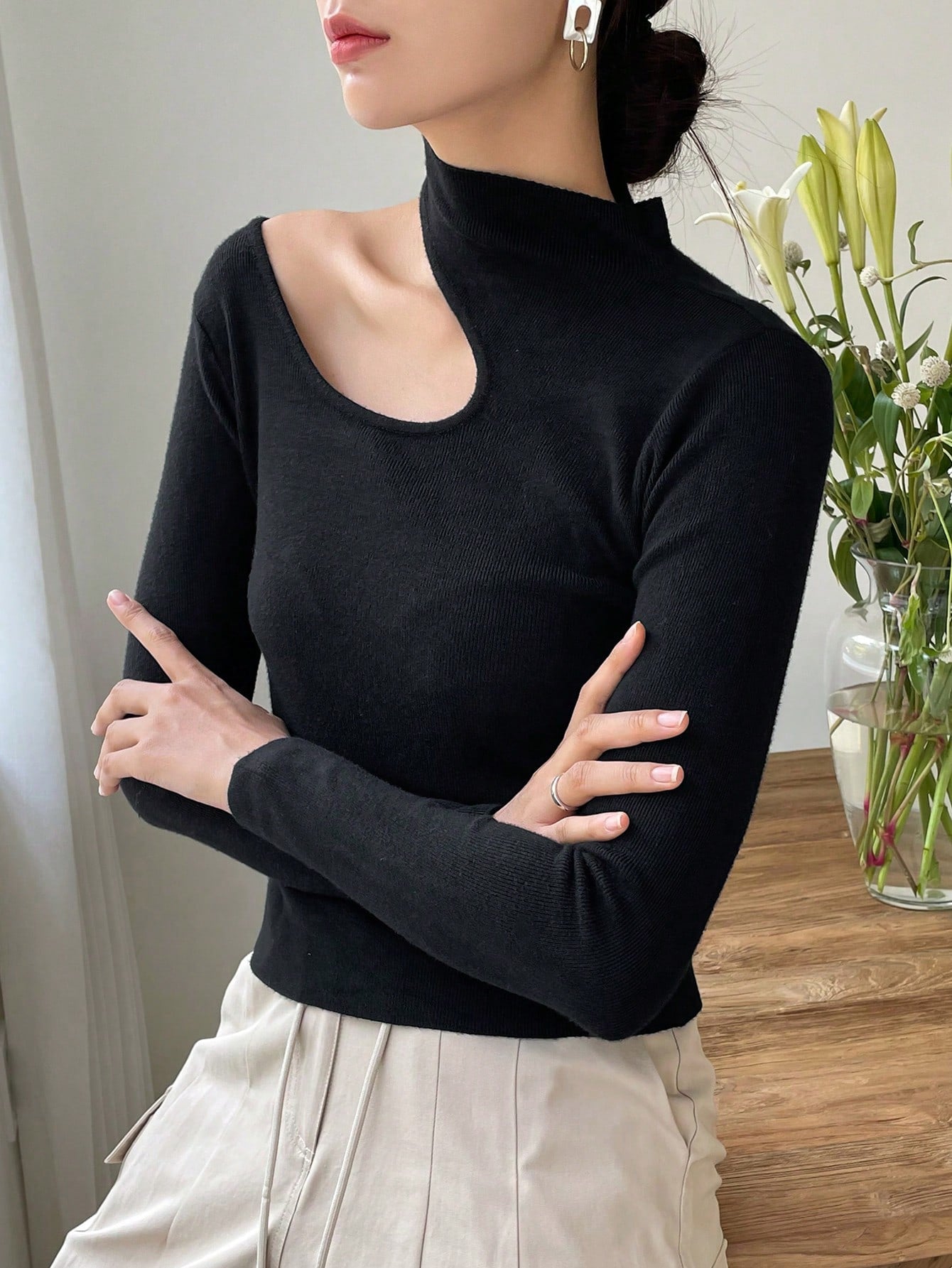 Stand Neck Cut Out Ribbed Knit Sweater