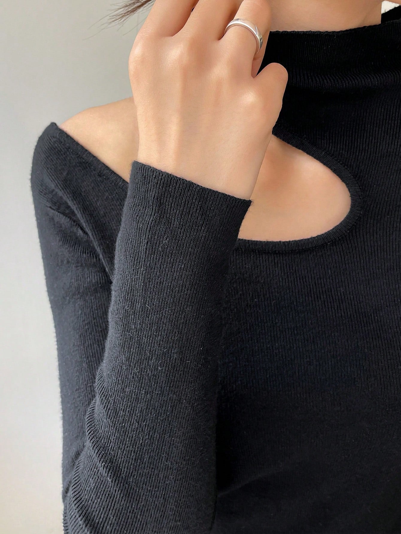 Stand Neck Cut Out Ribbed Knit Sweater