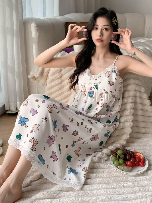 Cartoon Graphic Contrast Lace Cami Nightdress