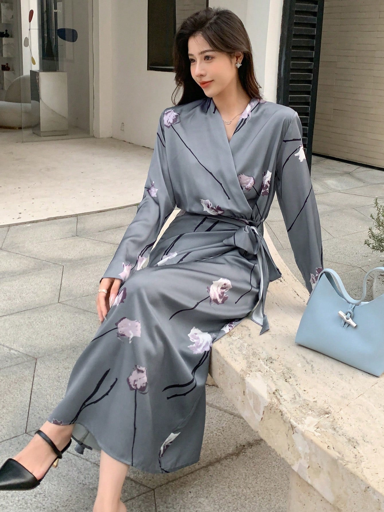 Kpop Floral Print Belted Wrap Dress – DAZY