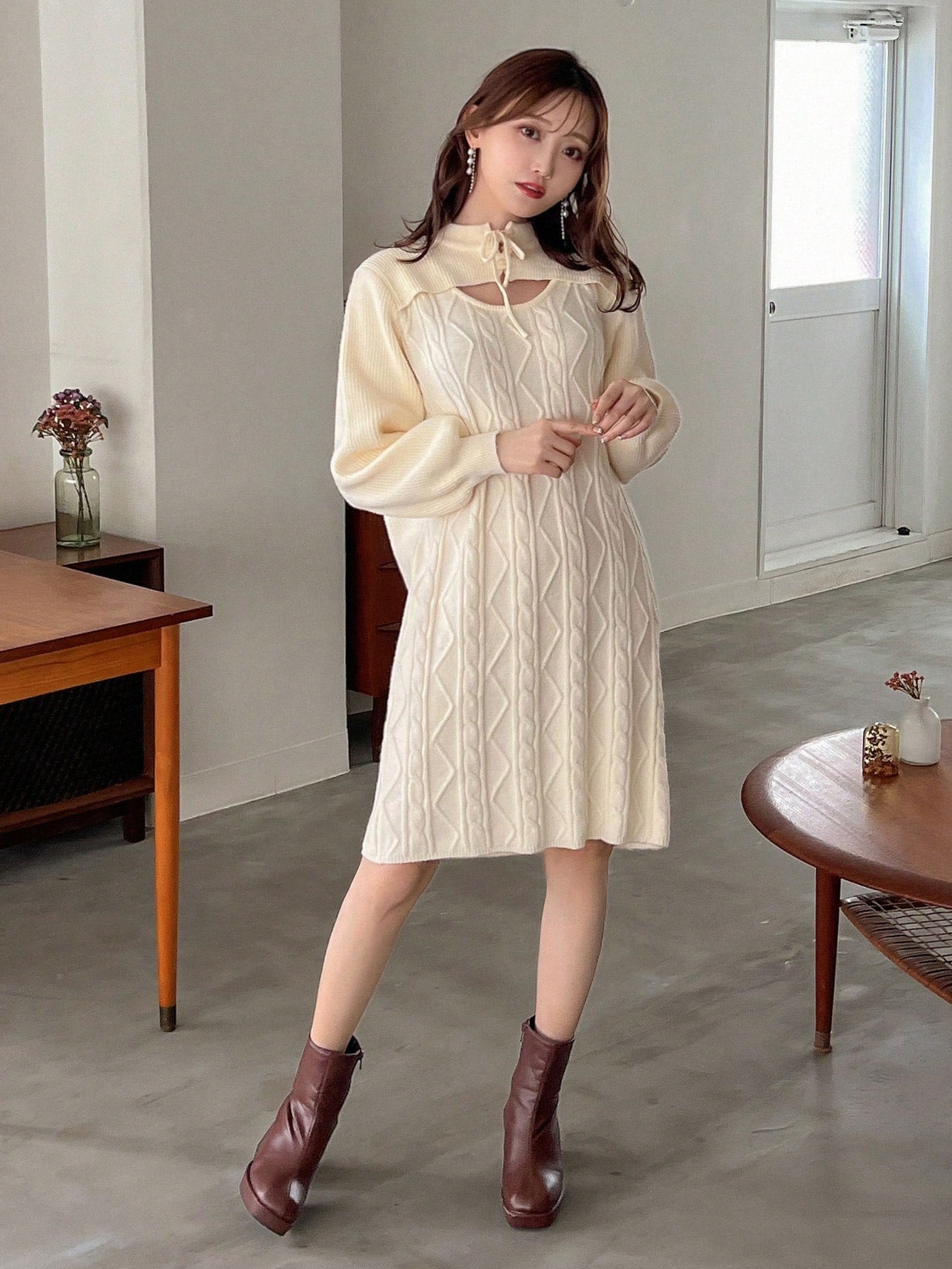 Solid Color Hollow Out Knitted Dress