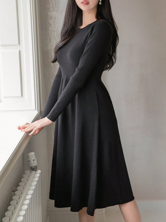 Women's Solid Color Round Neck Long Sleeve Sweater Dress