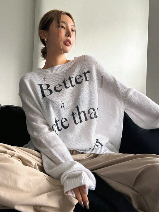 Women's Distressed See-through Letter Print Sweater
