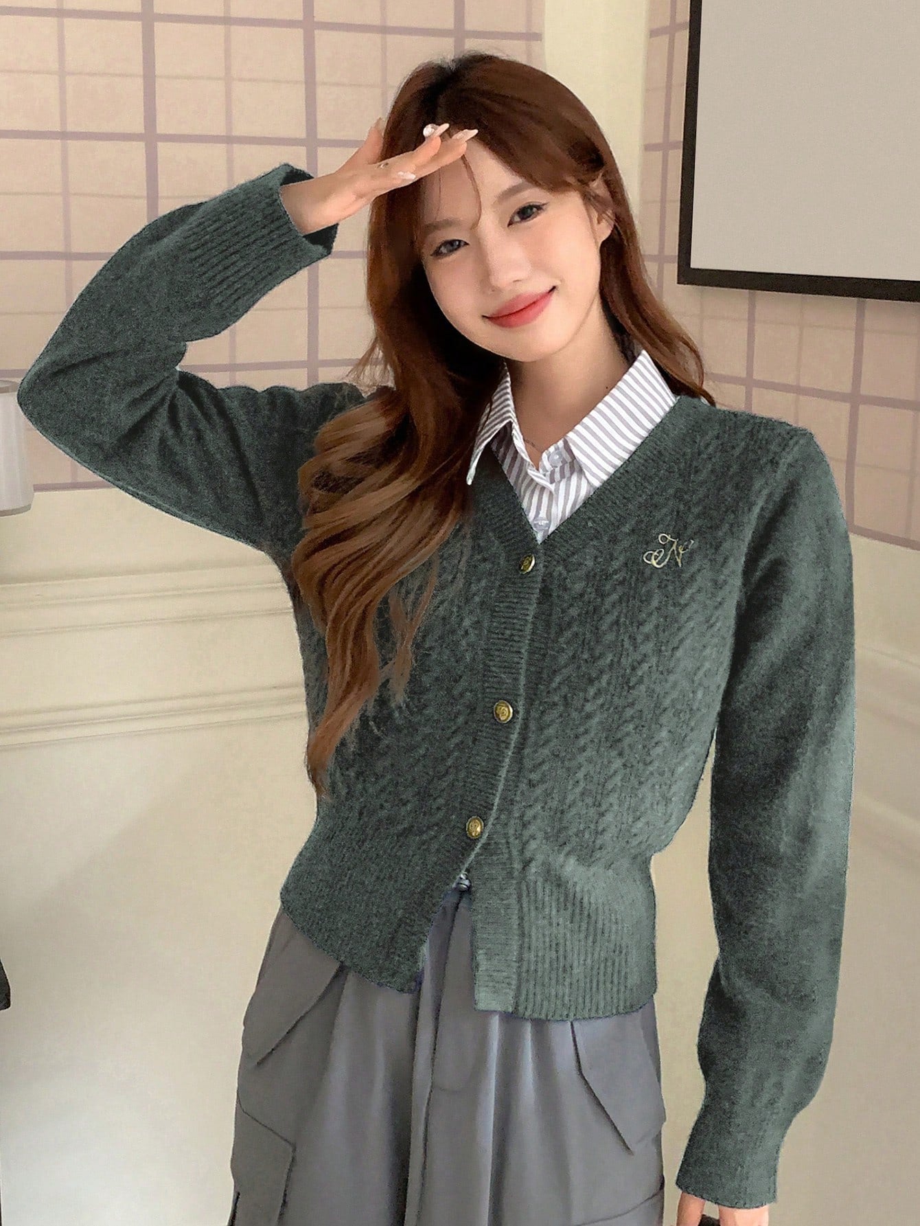 Solid Color V-neck Button Design Cardigan In College Style
