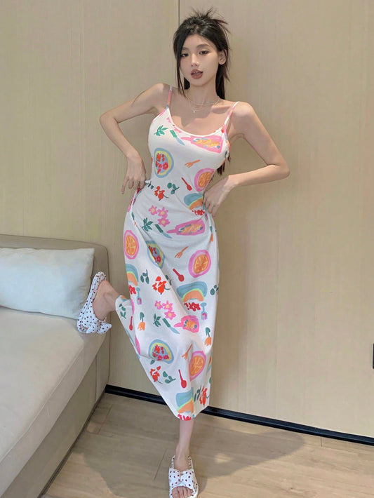 Women's Colorful Printed Cami Home Dress With Thin Shoulder Straps