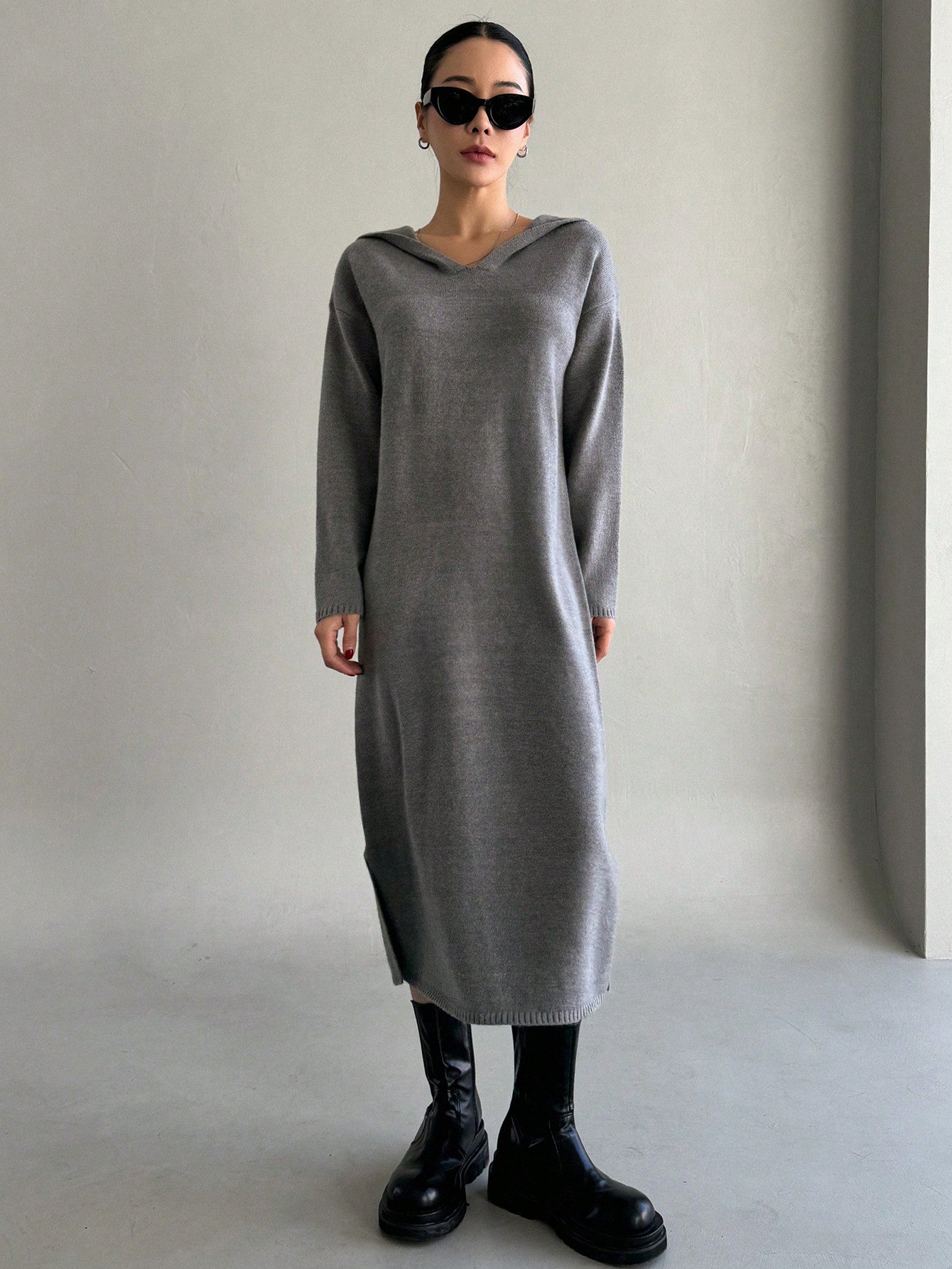 Women's Solid Color Hooded Sweater Dress With Side Slit